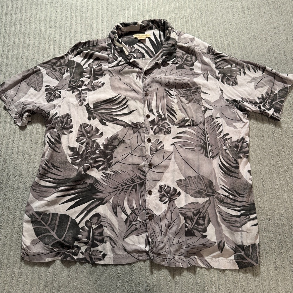 Island Passport Shirt Mens 2XL Gray Tropical Leaf Print Rayon Vacation Hawaiian
